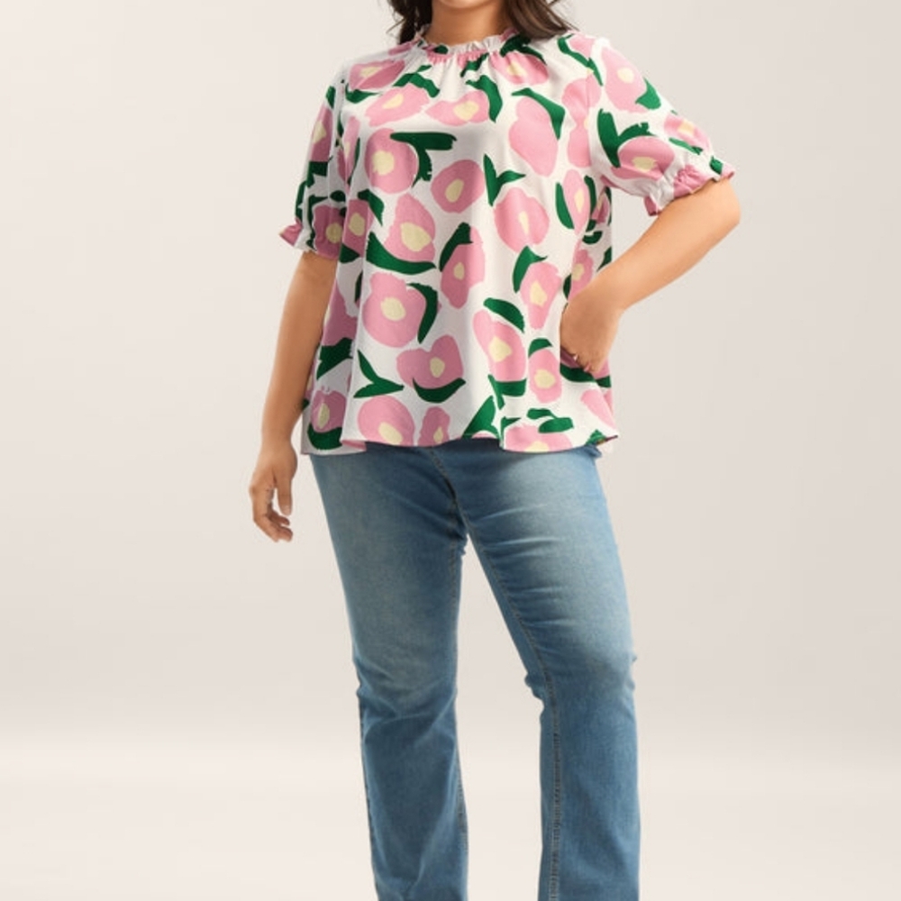 Bloom Chic Ruffled Neck Puffy Sleeve Blouse-Floral White, Pink and Green Pattern - Picture 4 of 6